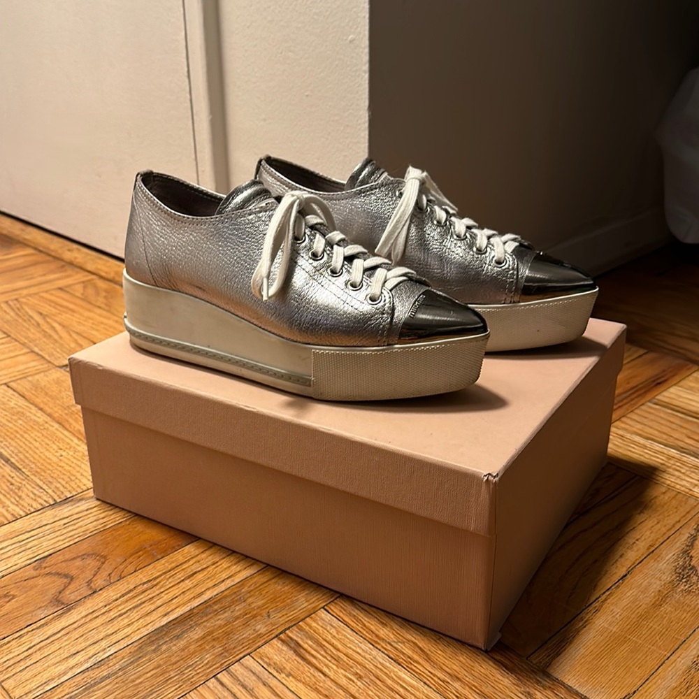 Miu Miu Silver Pointed Platform Sneakers - image 1